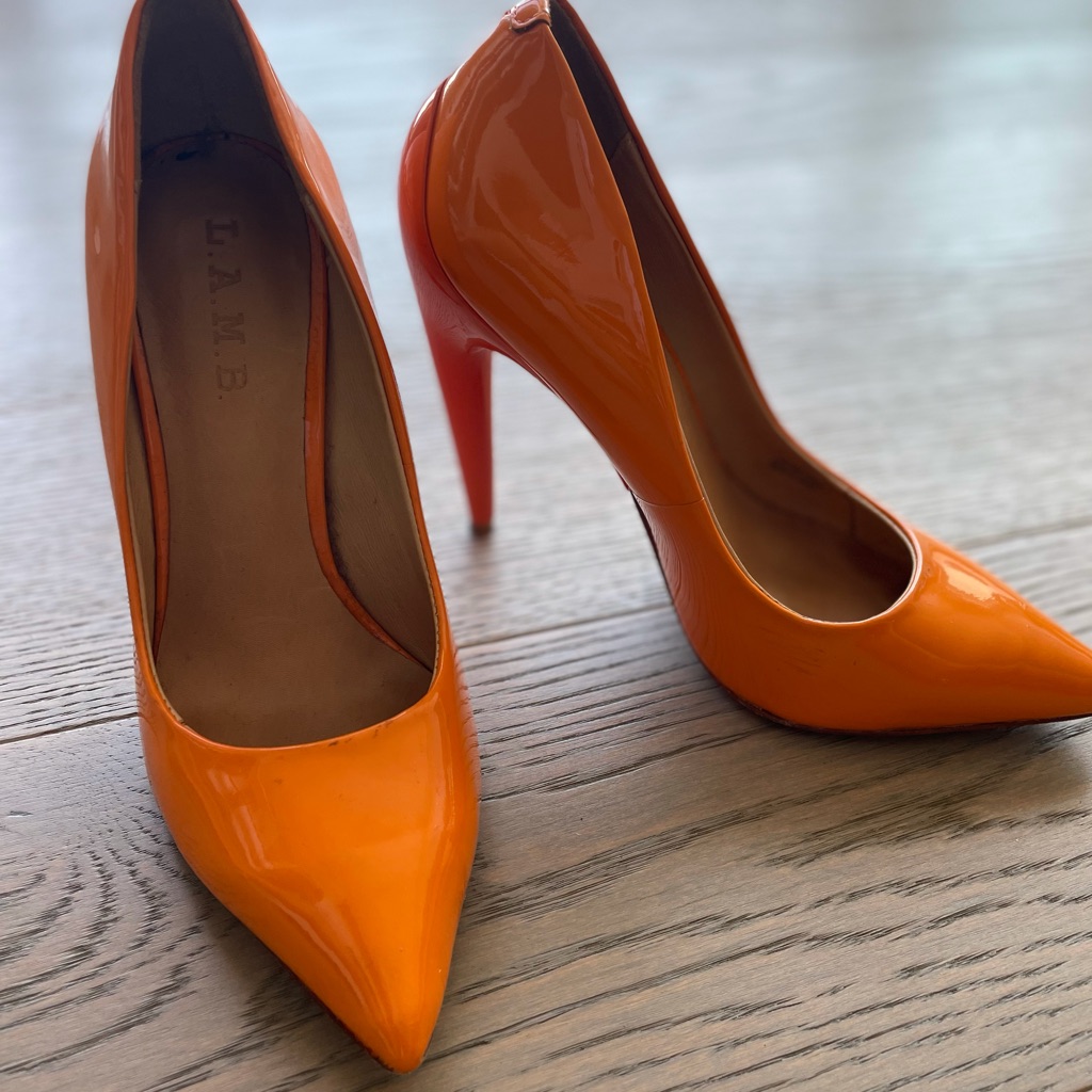 L.A.M.B. Orange Patent Heels